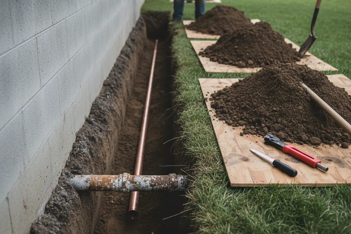 Excavated water line trench during Water Heater Repair in Naugatuck